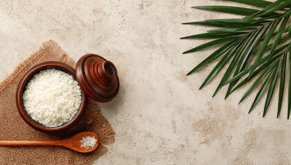 Wooden bowl of rice on a light beige surface with palm leaf