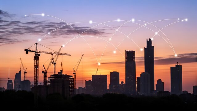 Cityscape with construction cranes and network connection at sunset