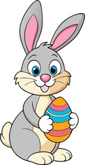 Cute cartoon bunny holding a colorful striped easter egg
