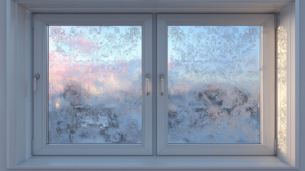 霜が降りた窓ガラスに映る静謐な風景イメージ広告