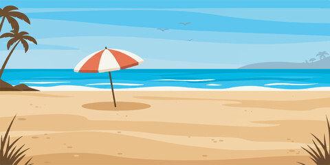 Sunny Beach Vector with Umbrella, Sand, and Ocean Waves