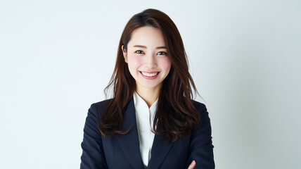 日本人女性がスーツで微笑む