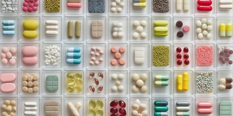 top view of colorful pills, tablets, and capsules sorted in plastic containers, symbolizing healthcare organization and pharmaceutical variety