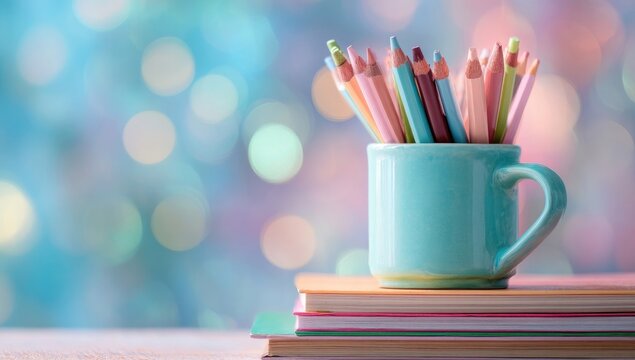 Colorful pencils in a teal mug on books, bokeh background