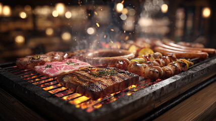焼肉が炭火の上でジューシーに輝く瞬間風情