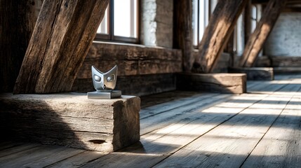 Metal owl mask figurine on rustic wooden beams.