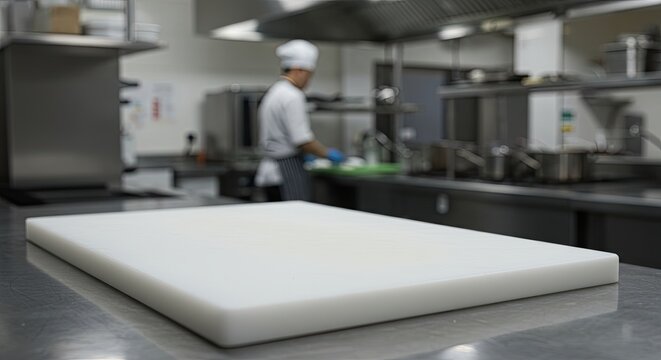Clean White Cutting Board in a Professional Kitchen Setting.