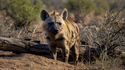 In a dense scrubland, a striped hyena pauses beside a fallen log