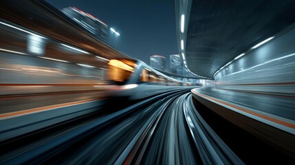 A dynamic night scene of a train speeding through a modern urban landscape.