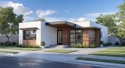 Modern home with white exterior and wood accents