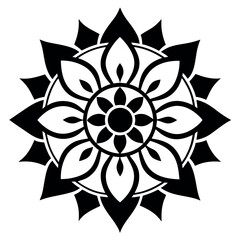 Black and White Geometric Mandala Circular Floral Pattern with Sharp Petals and Concentric Rings