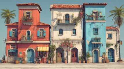 Colorful Mediterranean architecture with terracotta roofs, floral balconies, and palm trees for travel, design, or lifestyle backgrounds. Inspiring coastal scenery and urban projects.