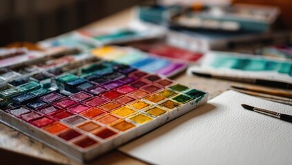 Watercolor palette with vibrant colors, art supplies on a table