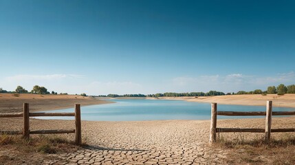 A serene landscape featuring a dry lake and rustic wooden fence against a clear blue sky.