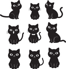 Fototapeta premium Nine black cat illustrations with different expressions and poses on a white background kitten animal