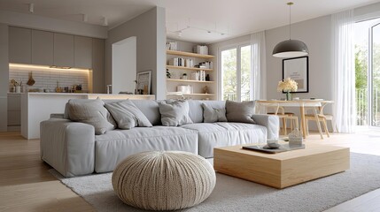 A modern living room featuring a cozy sofa, wooden table, and bright natural light.