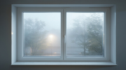 霧が包む朝霧の窓風景広告イメージ演出ヴィジュアル