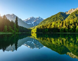 Serene mountain lake reflecting snow-capped peaks and lush green forests under a clear blue sky
