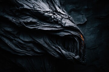 Close-up of dark, textured lava flow with hints of orange glow