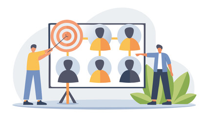 Two men present a target and team structure on a board with leaves in the foreground of the scene