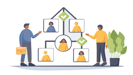 Illustration of a company organizational chart with two presenters and a potted plant near by