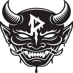 A black and white graphic illustration of a devil face with horns and a rune on its forehead