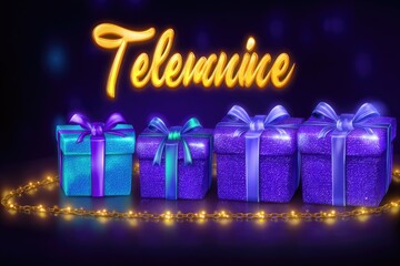 Four gift boxes, teal and purple, with gold ribbons and bows, sit on a dark background, lit by a glowing string of lights.  Text "Telemnine" in gold script is above them