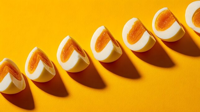 Sliced hard-boiled eggs arranged in a row on a bright yellow background.