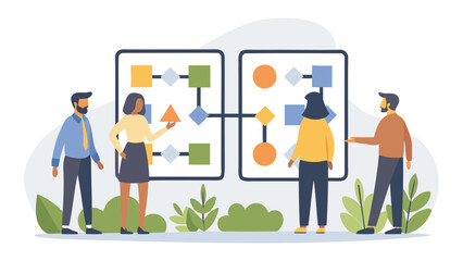 Obraz premium Team members reviewing process flowcharts with geometric shapes and connecting lines on white background