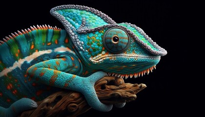 Obraz premium Black panther lizard, Black panther lizard on a branch, Black panther lizard on a branch with a black background