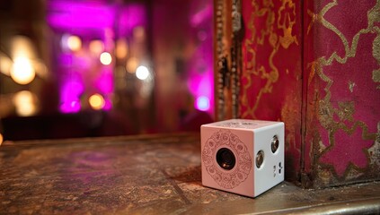 Small, white cube-shaped device rests on a weathered surface,  in front of a vibrant, dimly lit, ornate room