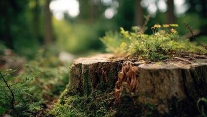Fototapeta premium Close-up of a weathered tree stump in a forest, covered in moss and small plants