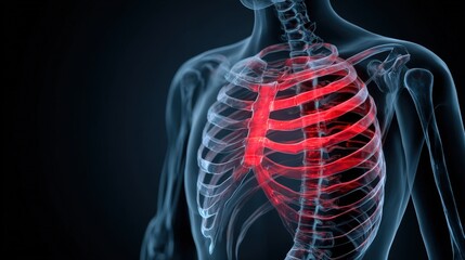 Close-up of rib cage with overlay showing possible internal injuries causing rib pain symptoms