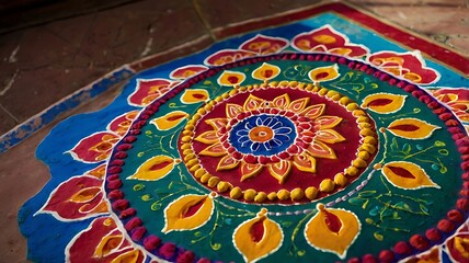 Fototapeta premium Close up view of a vibrant and colorful circular rangoli design on a textured surface outdoors