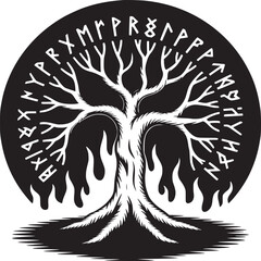 A black and white illustration of a tree surrounded by runes and flames in a circular design