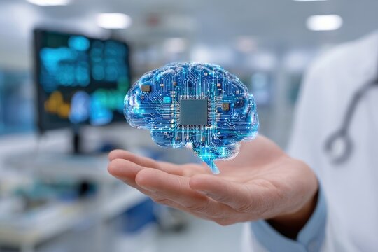 Hologram of a brain with circuit board overlay, held by a doctor's hand in a medical setting