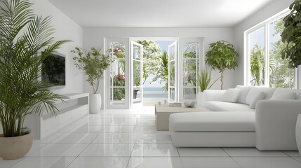 Fototapeta premium Modern white living room with patio view.