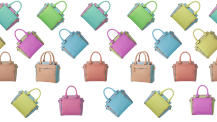 A repeating pattern of brightly coloured handbags.