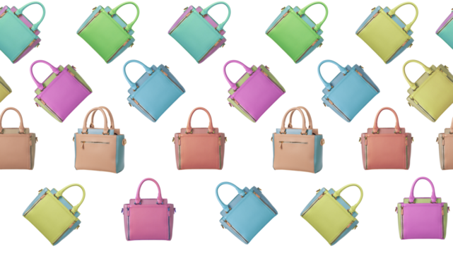 A repeating pattern of brightly coloured handbags.