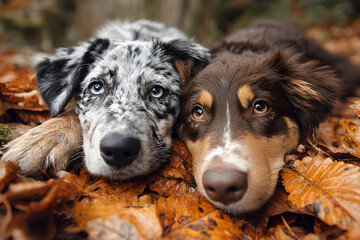 Fototapeta premium Two dogs lying in leaves