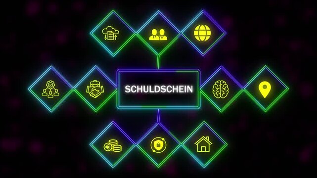 A Schuldschein concept button on a futuristic .Neon Abstract seamless animation of hue effect background. 4k video