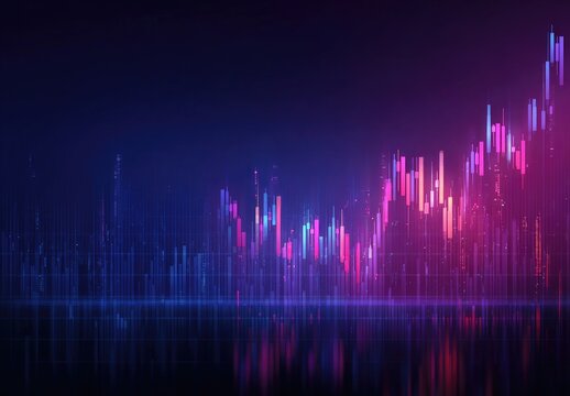 Abstract cityscape with vibrant financial charts reflecting on water