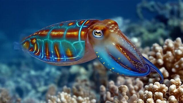 Vivid with Colorful Cuttlefish Swimming Near Coral Reef Underwater Scene.