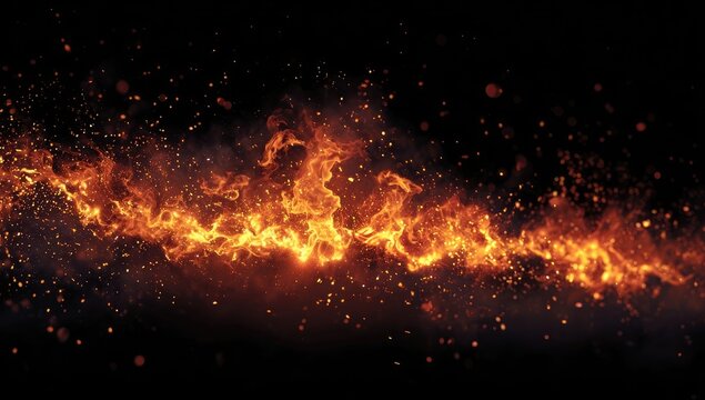 Fiery, orange flames with sparks against a black background