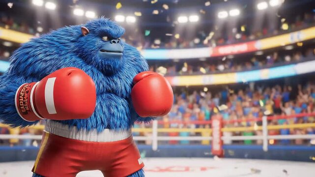 Boxing gorilla fight ring knockout match competition sport strength animal furry blue red 4k video