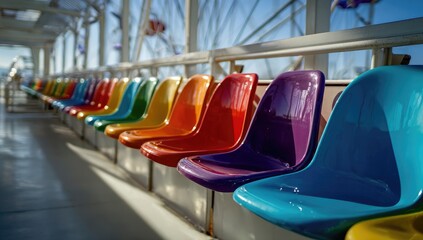 Colorful plastic chairs in a row, likely on a fairground ride or similar attraction, with a Ferris wheel visible in the background