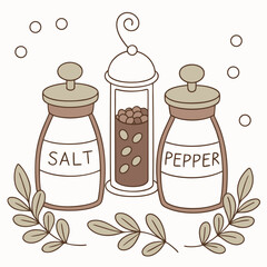 Salt and pepper shakers with a spice jar isolated on white background in a vintage style illustration with brown accents