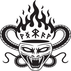 A stylized illustration of a demonic face surrounded by a snake and flames with runes above it