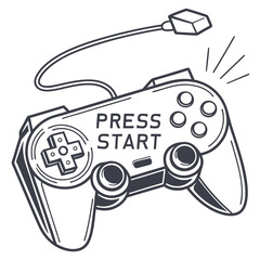 Illustration of a retro game controller with the words press start isolated on white background