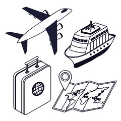 Isometric illustration of airplane, boat, suitcase, and map for travel and tourism isolated on white background